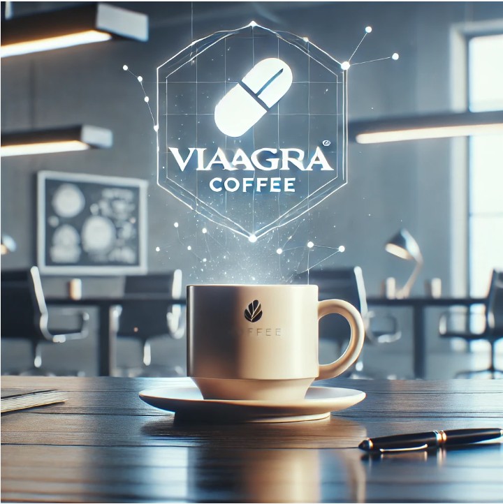 Elegant coffee cup with Viagra Coffee logo