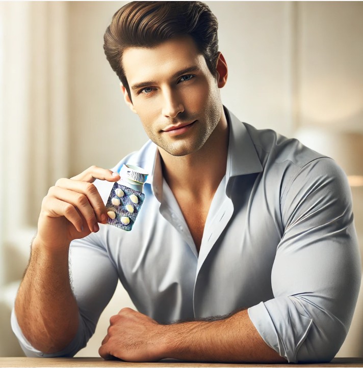 Man confidently holding Viagra