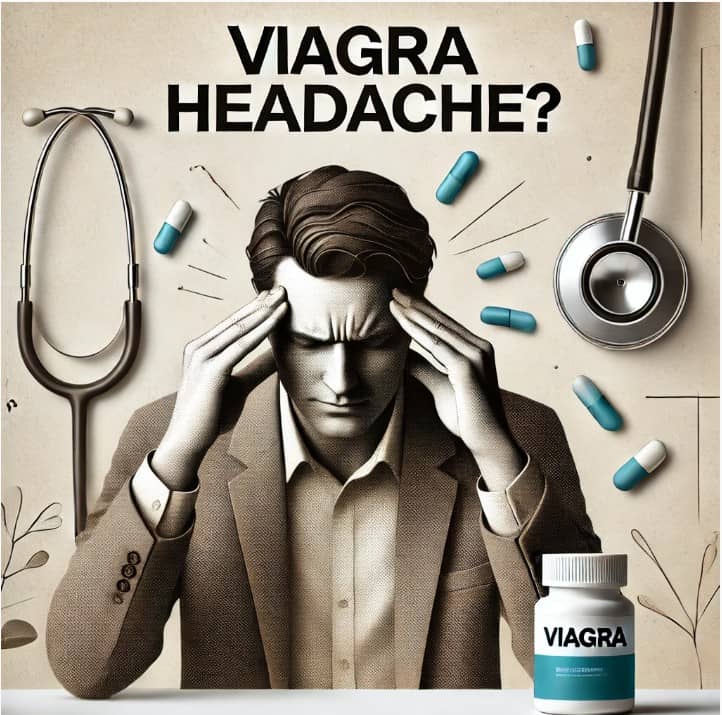 Man with headache, pill bottle nearby.
