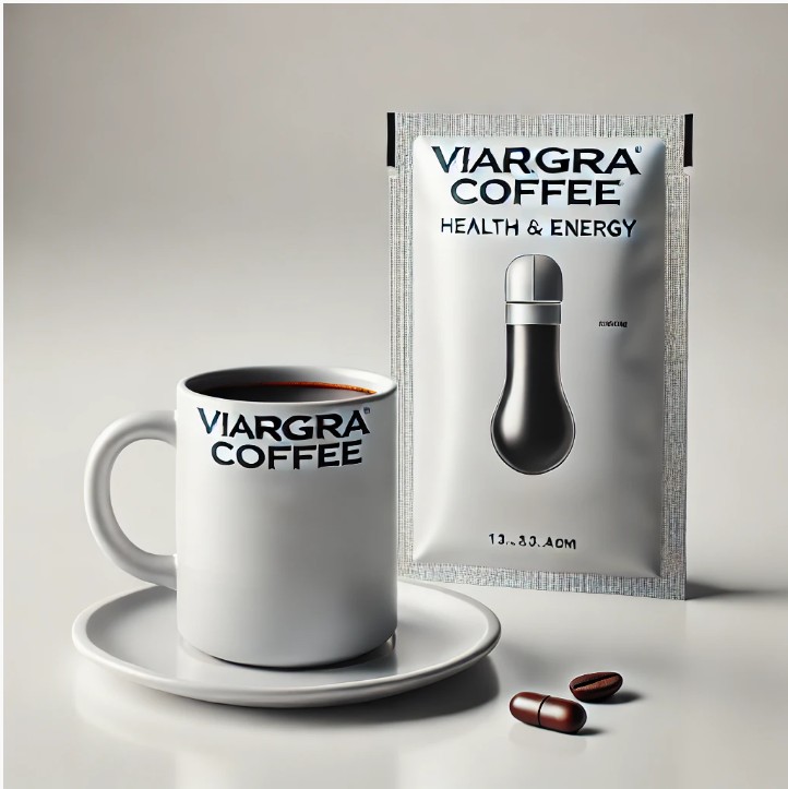 Viagra Coffee with a cup of coffee and packaging