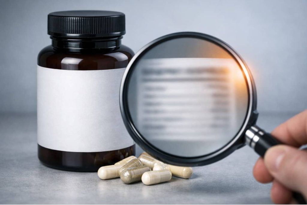 Magnifying glass inspecting a supplement label, representing FDA warnings about undisclosed sildenafil in herbal ED supplements