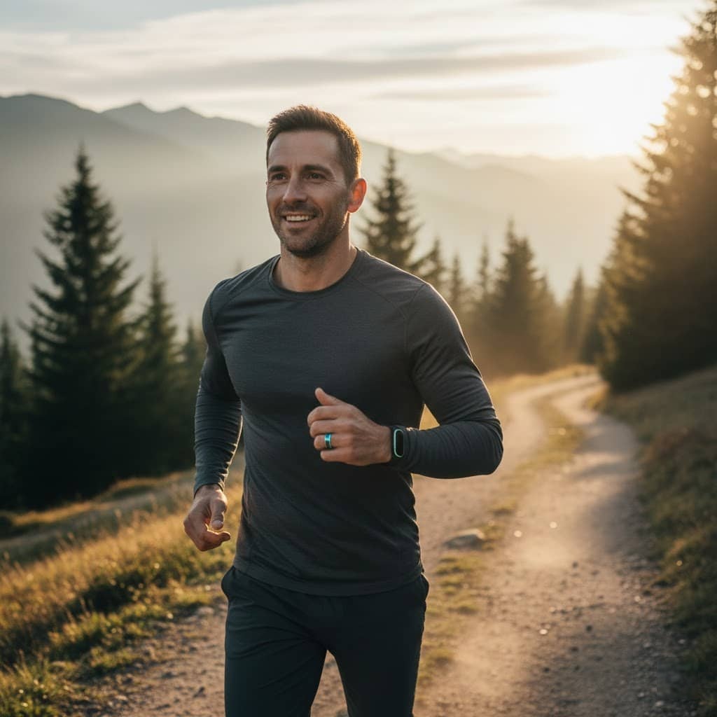 A dynamic shot of a man engaged in outdoor activity (e.g., trail running, cycling) wearing subtle, futuristic wearables (like a sleek smart ring or subtle fitness tracker), with a healthy, confident expression.