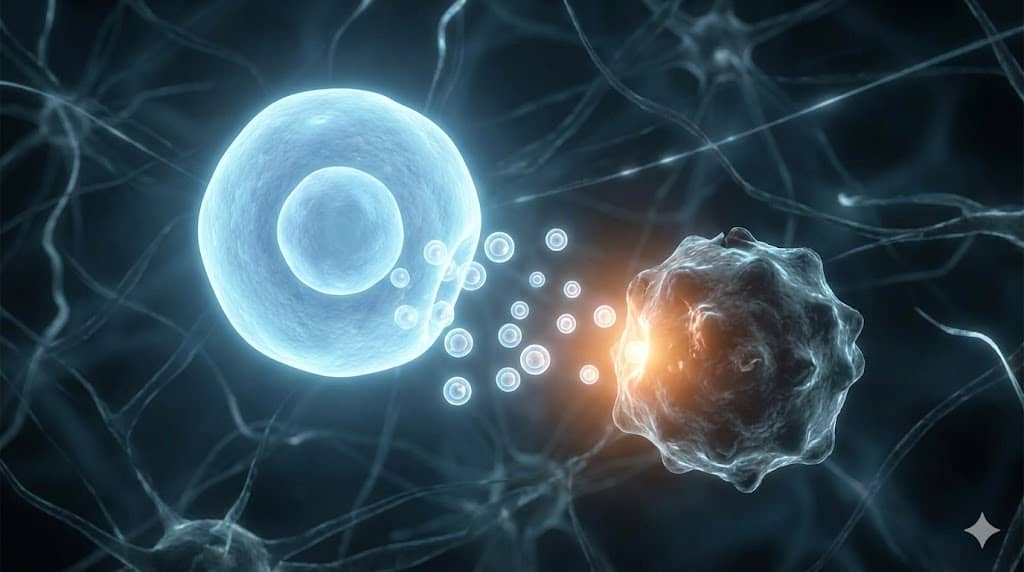 A microscopic view of a healthy blue stem cell releasing glowing exosomes, which are traveling to and repairing a damaged, darker cell, illustrating the future of regenerative medicine.