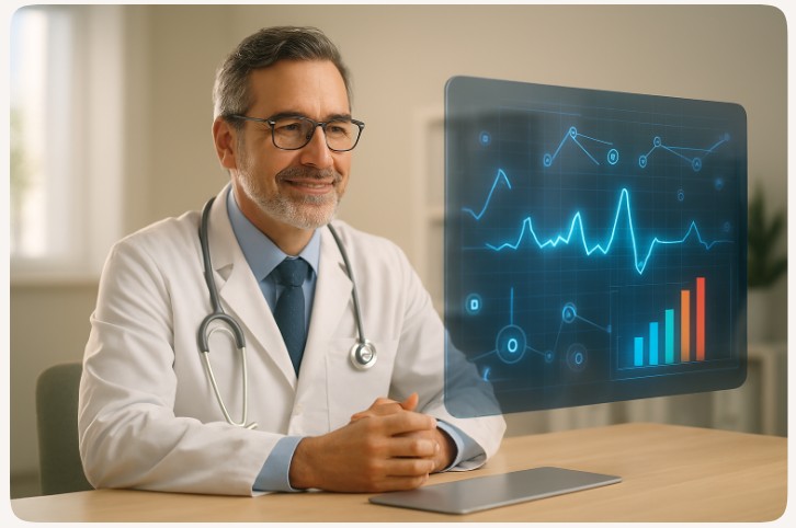 Board-certified telehealth physician reviewing secure men's health data on an AI-powered platform.