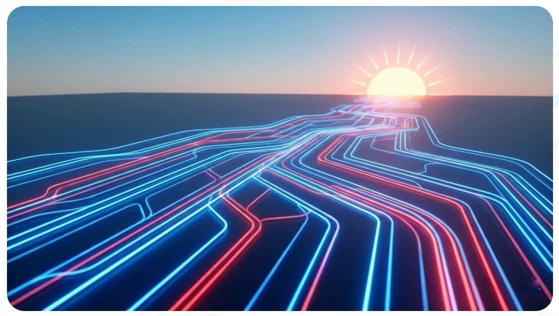 An abstract landscape showing a network of glowing blue and red pathways, resembling blood vessels or digital circuits, flowing towards a sunrise on the horizon, symbolizing future vascular health.