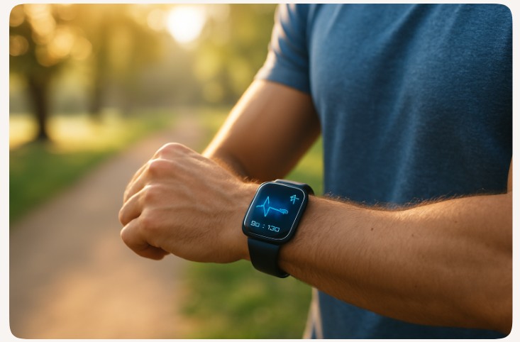 Man wearing a smartwatch tracking biometrics for advanced ED diagnostics and preventative male healthcare.