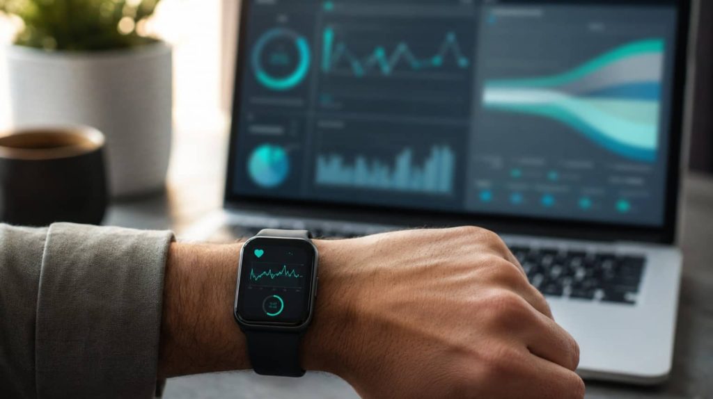 Smartwatch syncing heart rate variability and sleep data to an AI personalized ED treatment dashboard