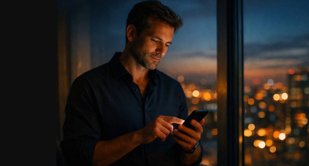 Confident man starting a confidential online ED consultation on his phone in the evening at home