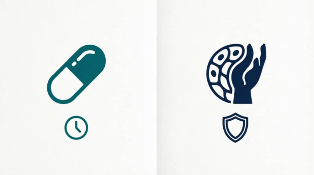 Comparison graphic showing pills for short term ED relief versus regenerative therapy for lasting repair