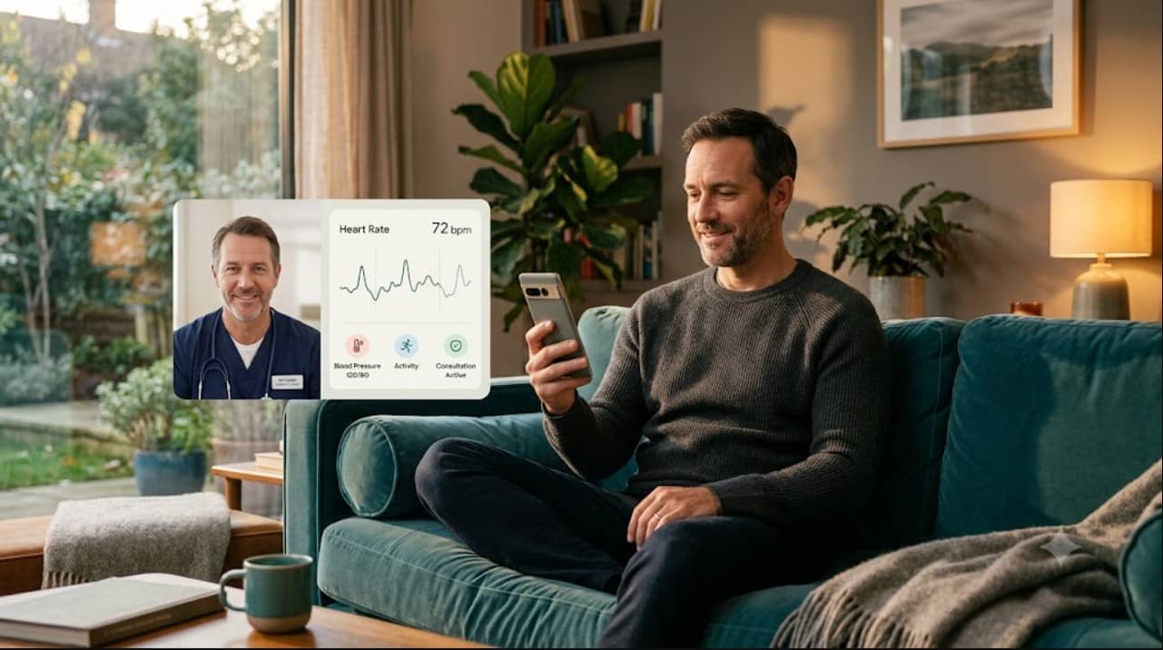 Man using Smart ED Telehealth app at home while a licensed doctor reviews his AI health profile on screen