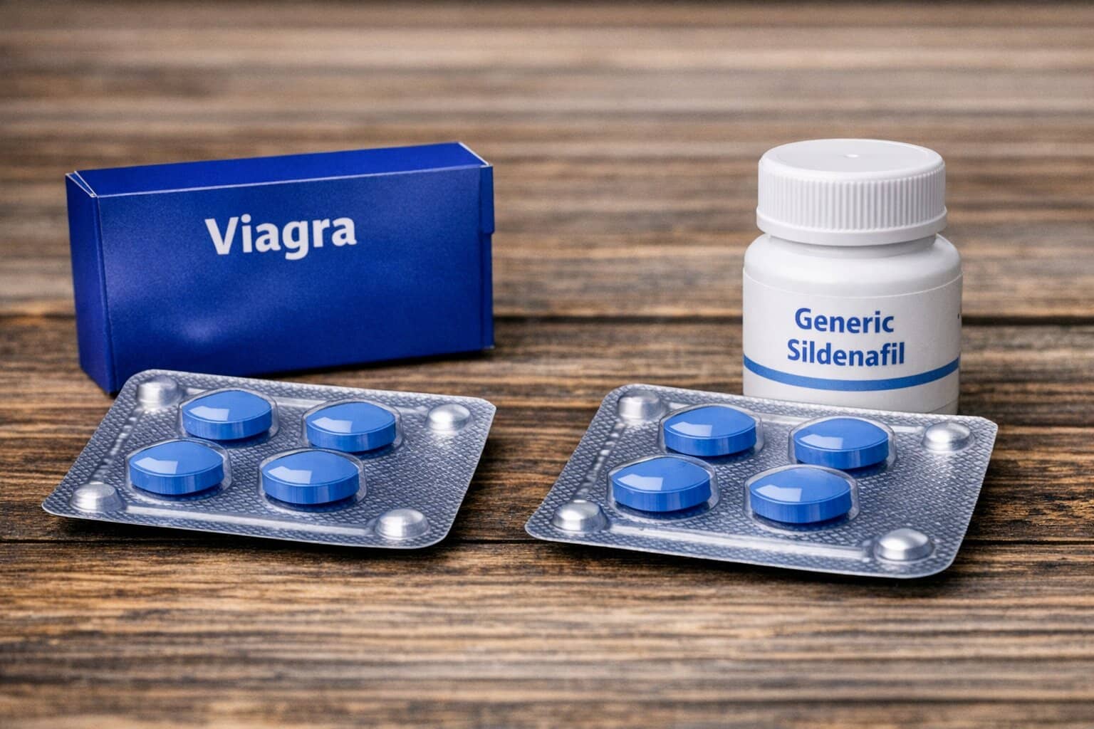 Side-by-side blister packs of Viagra and generic sildenafil pills on a wooden surface.