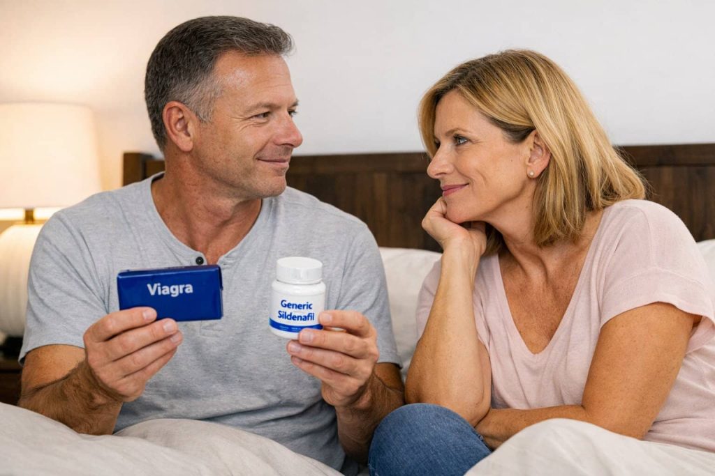Middle-aged couple sitting on a bed, discussing Viagra and generic sildenafil options.
