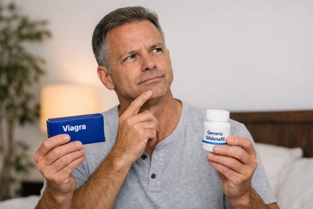Man holding Viagra and generic sildenafil, contemplating choice.
