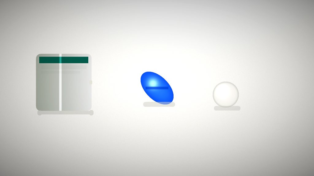 Overhead flat-lay product photograph comparing Vybrique sildenafil oral film foil pouch, blue diamond-shaped Viagra tablet, and generic white sildenafil tablet on a clean white clinical surface, neutral studio lighting, pharmaceutical DSLR photography