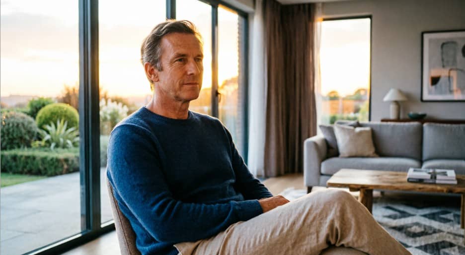 Confident British man in his late 40s enjoying peaceful moment at home, representing restored wellbeing and quality of life through proper erectile dysfunction treatment