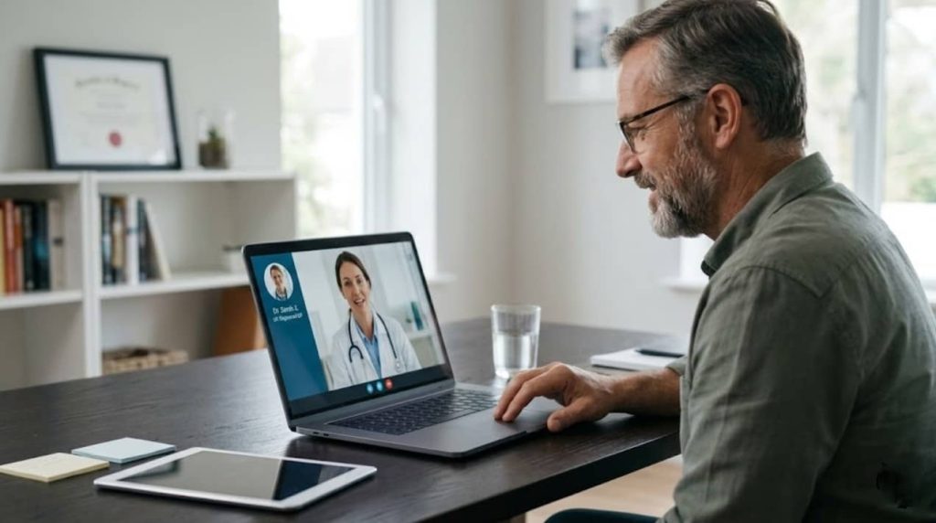 A middle-aged man in a home study having a secure online video consultation with a UK-registered female doctor on a laptop.