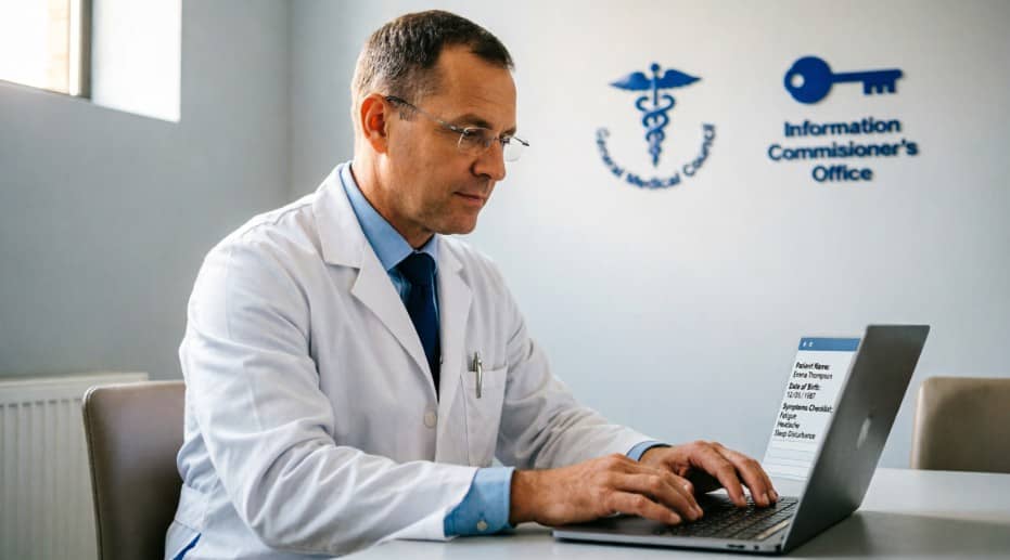 UK-registered healthcare professional conducting a confidential online consultation for erectile dysfunction treatment, reviewing patient health information on a secure medical platform