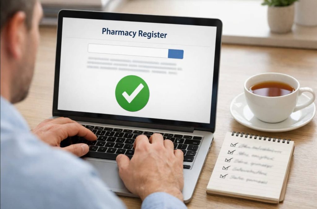 Checking a GPhC registered online pharmacy on the official UK register before ordering sildenafil