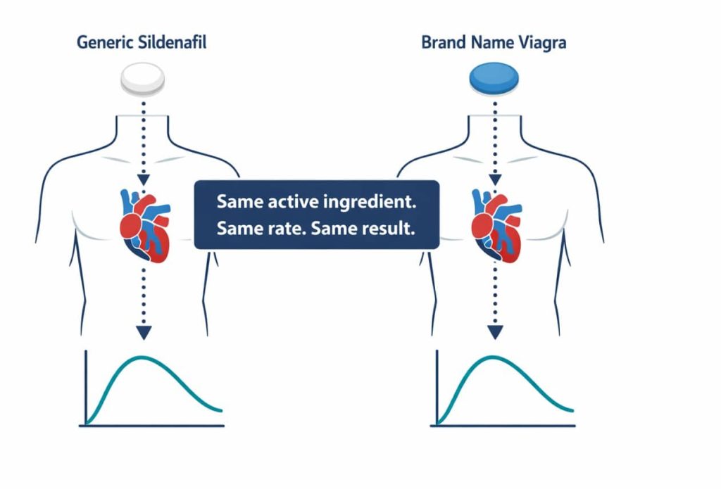 FDA bioequivalence explained: generic sildenafil and brand name Viagra deliver identical sildenafil citrate at the same rate