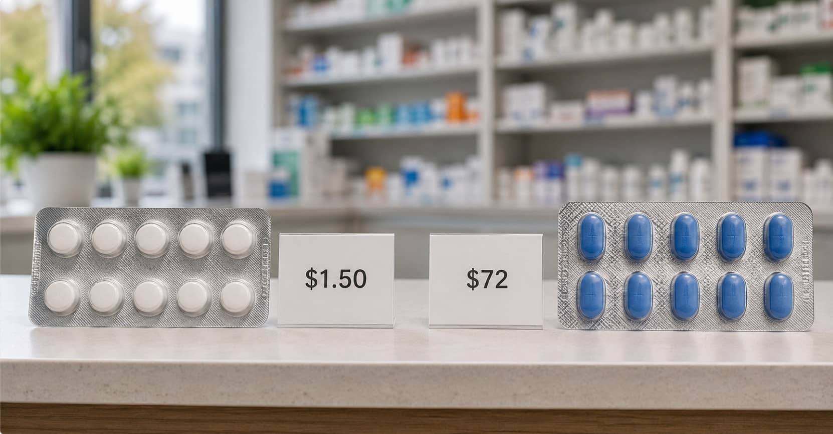Does generic sildenafil work as well as Viagra: white generic tablet and branded blue tablet compared side by side on pharmacy counter