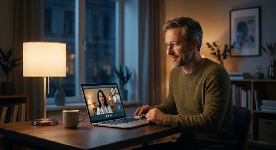 Man researching safe sildenafil online UK during a private night-time telehealth consultation