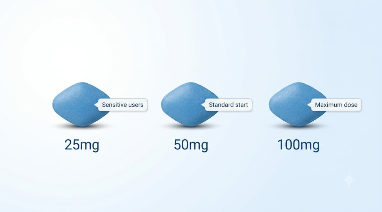Viagra dosage comparison chart showing 25mg, 50mg and 100mg tablets and who each strength suits
