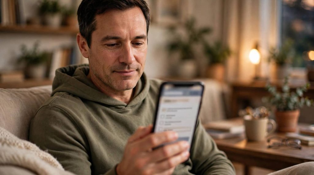 Man completing a private online consultation for fast discreet ED treatment at home in the UK