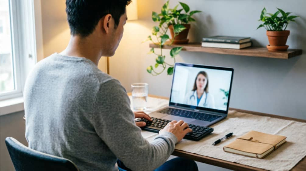 Man having a private online medical consultation on a laptop to check Viagra safety with his blood pressure medication