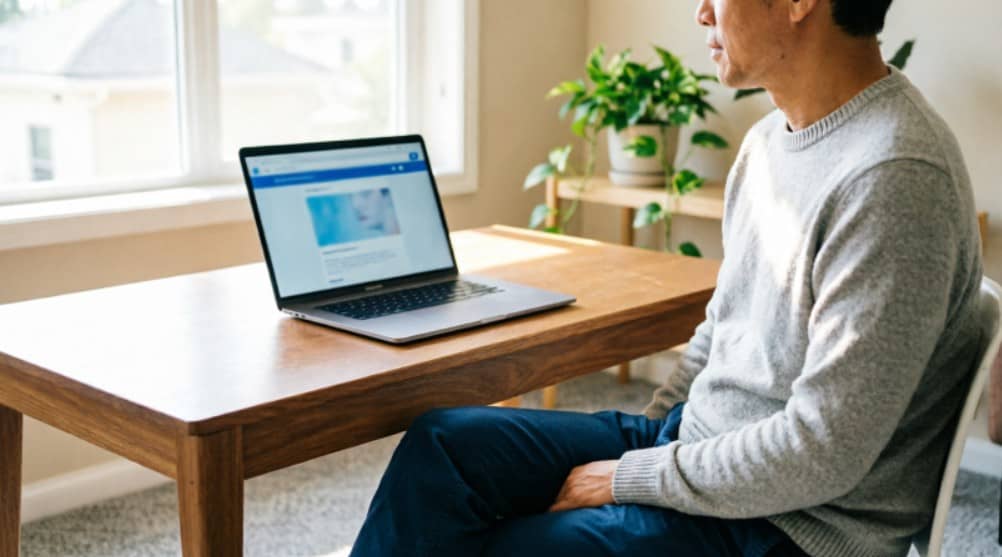 Man using a laptop at home for a private online sildenafil consultation