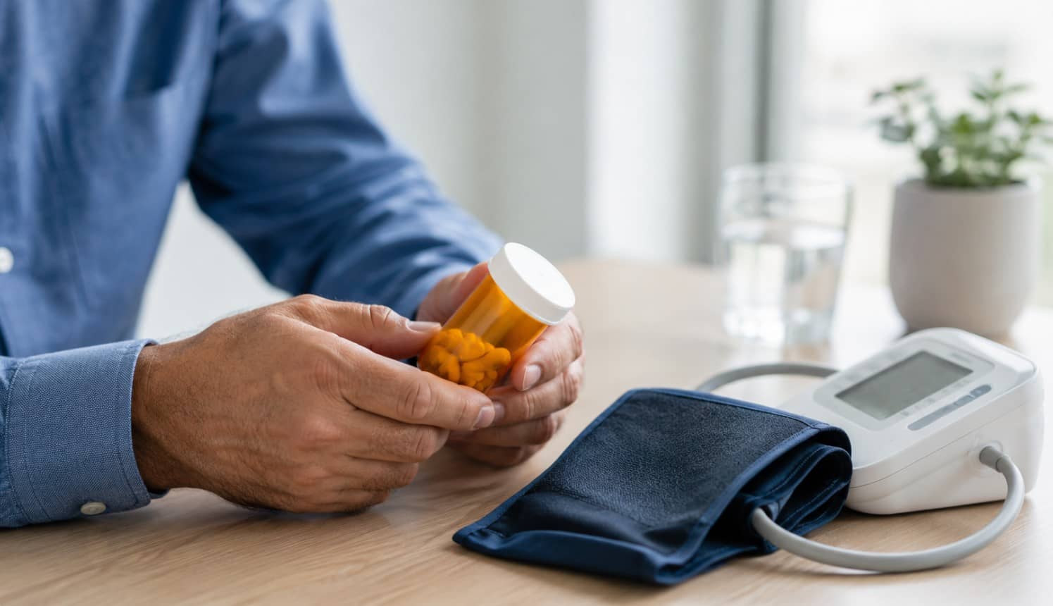 Man reviewing blood pressure medication bottle beside a heart health icon, representing Viagra and blood pressure medication safety