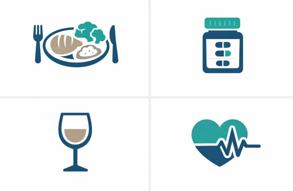 Four icons showing food, dosage, alcohol, and arousal as factors that affect how fast Viagra works