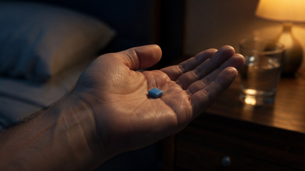 Man holding a Viagra sildenafil pill, wondering why it isn't working