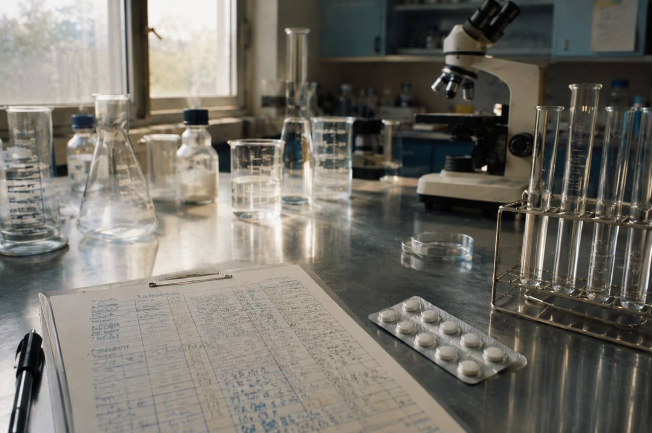 Vintage pharmaceutical research lab representing Viagra's original failed clinical trial for heart disease