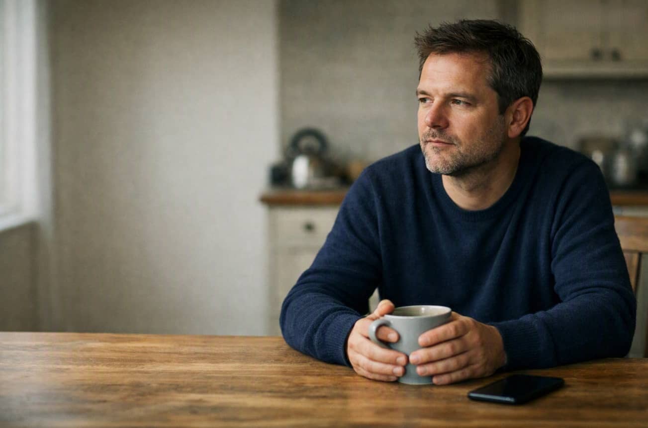 Man in his forties at a kitchen table considering whether his symptoms point to low testosterone or erectile dysfunction