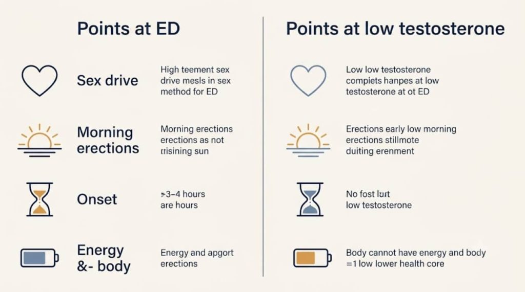 Comparison chart showing four signals that separate low testosterone from erectile dysfunction, covering sex drive, morning erections, onset pattern and energy levels