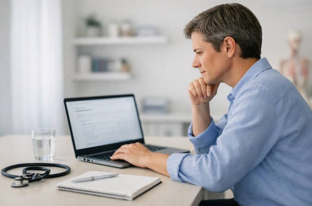 UK registered prescriber reviewing an online erectile dysfunction consultation on a laptop before issuing a prescription